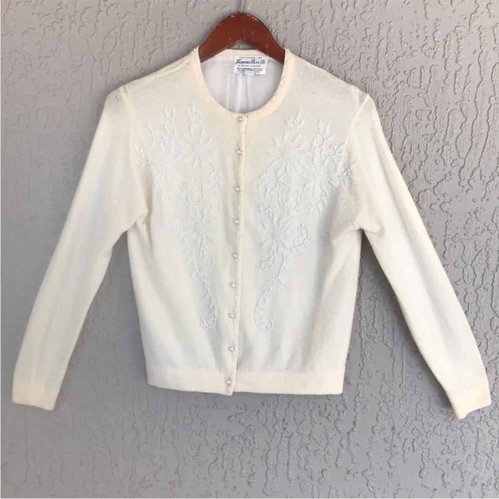 Vintage Beaded Angora Lambswool Cardigan Pearl Button Floral Knit - Picture 6 of 13